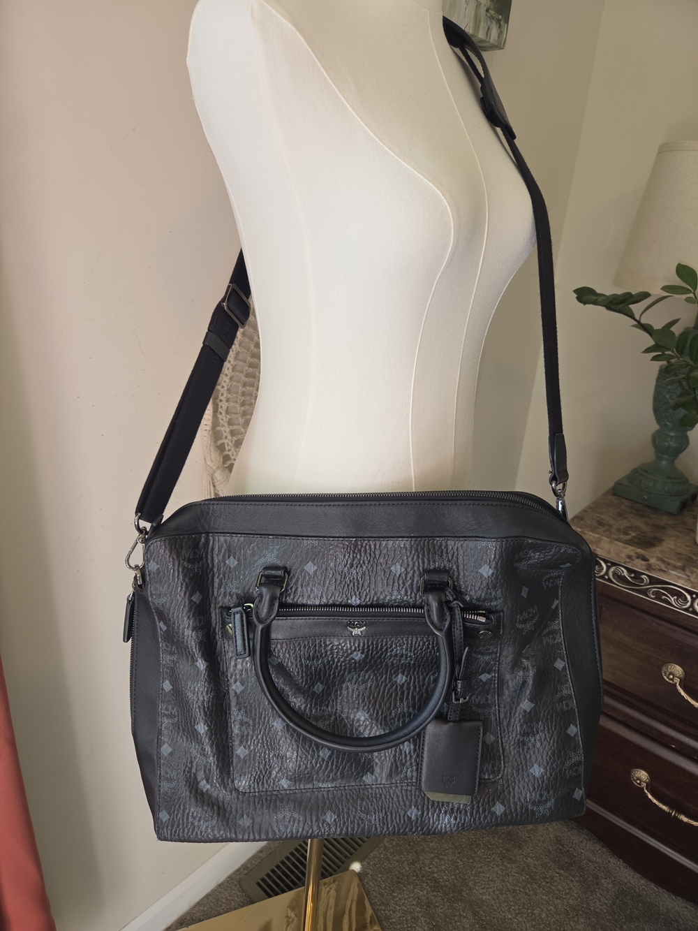 Authentic MCM Black Leather Travel Satchel Shoulder, Laptop Bag